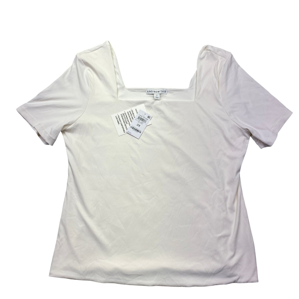 AND NOW THIS Ribbed Square Neck T-Shirt Top Cream‎ White 2X Plus Sz Short Sleeve